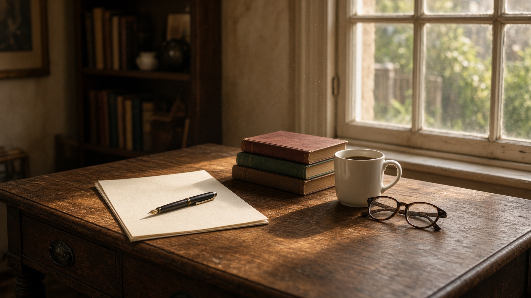 A sunlit writer's study: oak desk, fountain pen, clothbound books and a cup of tea by a sash window.